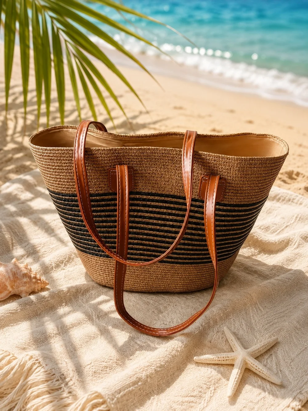 2- Piece Straw Beach Tote  & Hat with Black Stripe and Leather Handles